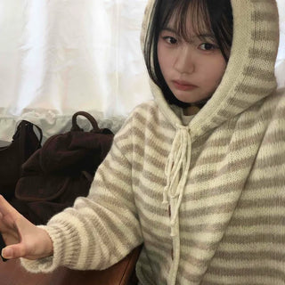 Natural Stripe Cozy Fit Knit Hooded Cardigan