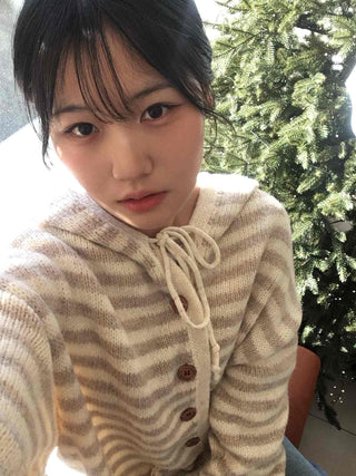 Natural Stripe Cozy Fit Knit Hooded Cardigan
