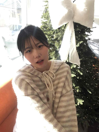 Natural Stripe Cozy Fit Knit Hooded Cardigan