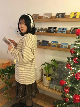Natural Stripe Cozy Fit Knit Hooded Cardigan
