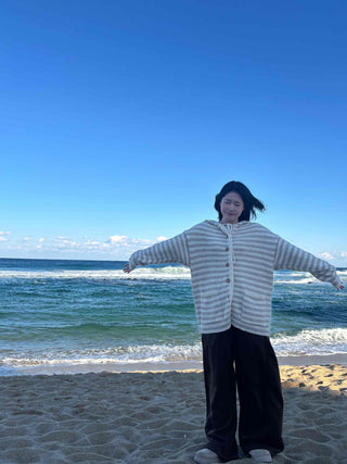 Natural Stripe Cozy Fit Knit Hooded Cardigan