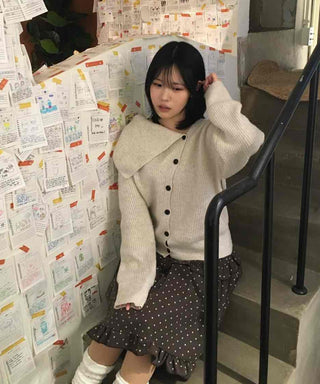 Folding Asymmetrical Neck Button Knit Cardigan