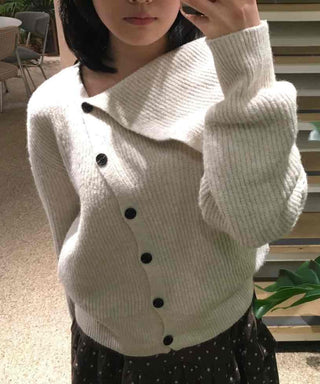 Folding Asymmetrical Neck Button Knit Cardigan