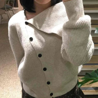 Folding Asymmetrical Neck Button Knit Cardigan