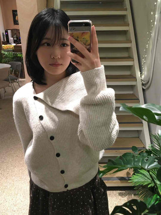 Folding Asymmetrical Neck Button Knit Cardigan