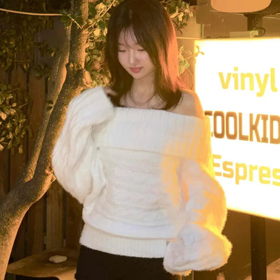 Balloon Sleeve Off-Shoulder Cable Knit