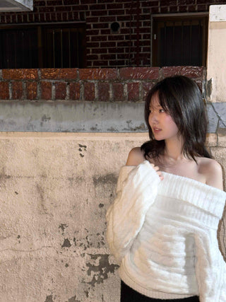 Balloon Sleeve Off-Shoulder Cable Knit