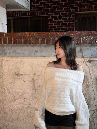 Balloon Sleeve Off-Shoulder Cable Knit