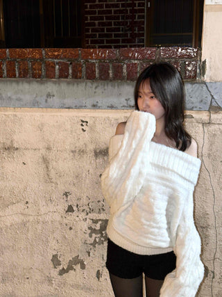 Balloon Sleeve Off-Shoulder Cable Knit