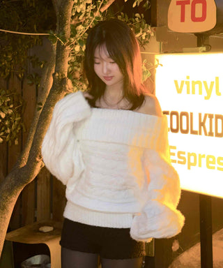 Balloon Sleeve Off-Shoulder Cable Knit