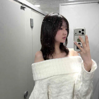Balloon Sleeve Off-Shoulder Cable Knit