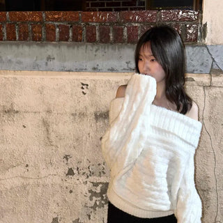 Balloon Sleeve Off-Shoulder Cable Knit