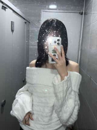 Balloon Sleeve Off-Shoulder Cable Knit
