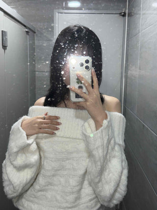 Balloon Sleeve Off-Shoulder Cable Knit