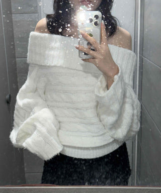 Balloon Sleeve Off-Shoulder Cable Knit