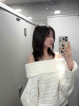Balloon Sleeve Off-Shoulder Cable Knit
