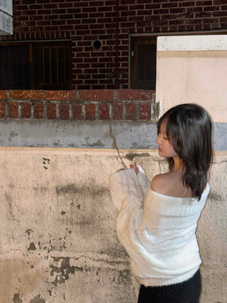 Balloon Sleeve Off-Shoulder Cable Knit