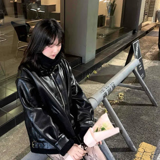 Glossy Loose Fit Zip-Up Shearling Jacket
