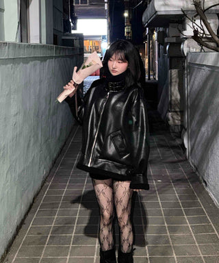 Glossy Loose Fit Zip-Up Shearling Jacket