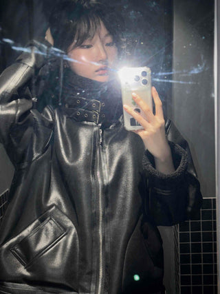 Glossy Loose Fit Zip-Up Shearling Jacket