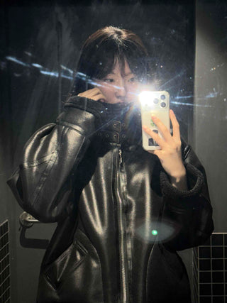 Glossy Loose Fit Zip-Up Shearling Jacket