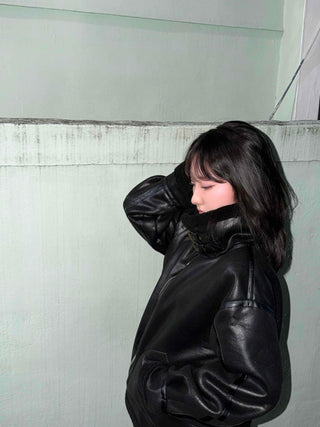 Glossy Loose Fit Zip-Up Shearling Jacket