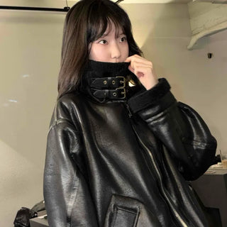 Glossy Loose Fit Zip-Up Shearling Jacket