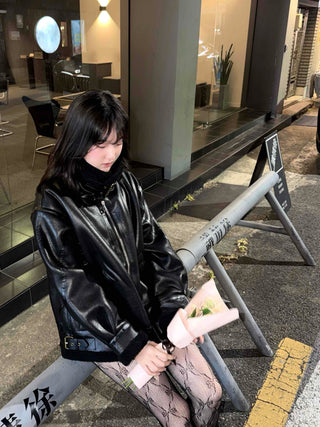 Glossy Loose Fit Zip-Up Shearling Jacket