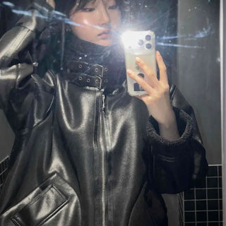 Glossy Loose Fit Zip-Up Shearling Jacket