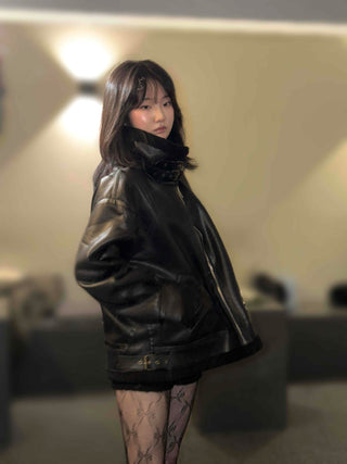 Glossy Loose Fit Zip-Up Shearling Jacket