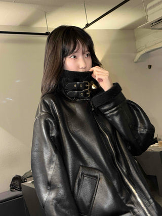 Glossy Loose Fit Zip-Up Shearling Jacket