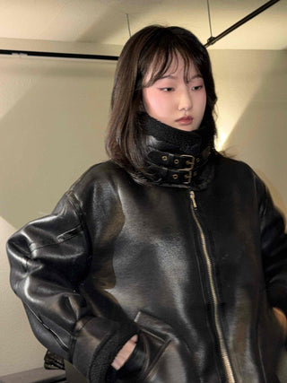 Glossy Loose Fit Zip-Up Shearling Jacket