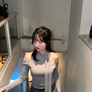 Chiffon Scarf Half-Neck Slit Long-Sleeve Top