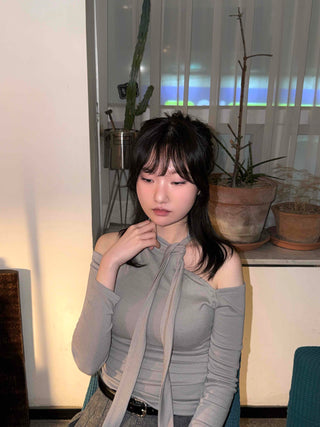 Chiffon Scarf Half-Neck Slit Long-Sleeve Top