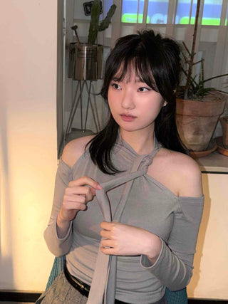 Chiffon Scarf Half-Neck Slit Long-Sleeve Top