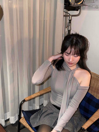 Chiffon Scarf Half-Neck Slit Long-Sleeve Top