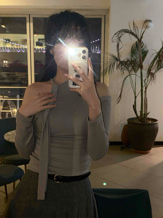 Chiffon Scarf Half-Neck Slit Long-Sleeve Top