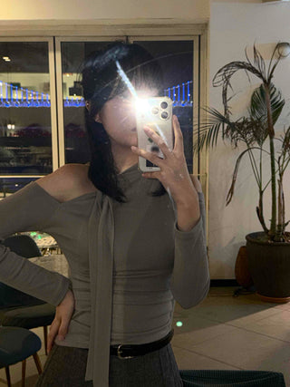 Chiffon Scarf Half-Neck Slit Long-Sleeve Top