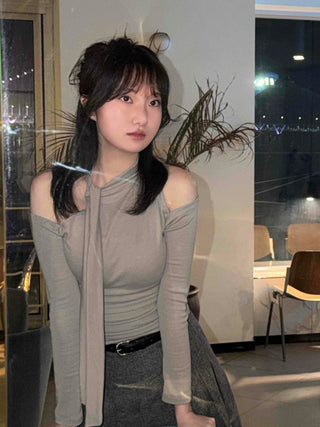 Chiffon Scarf Half-Neck Slit Long-Sleeve Top