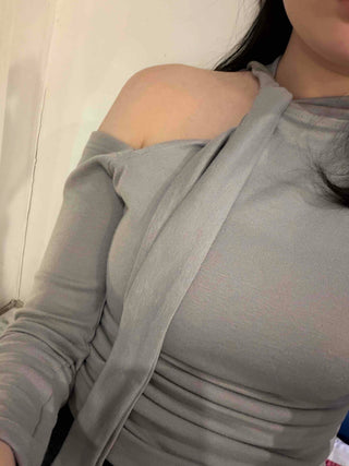 Chiffon Scarf Half-Neck Slit Long-Sleeve Top