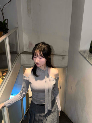 Chiffon Scarf Half-Neck Slit Long-Sleeve Top