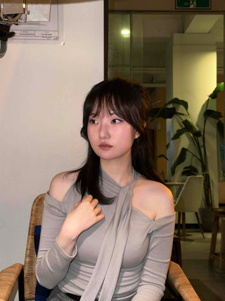 Chiffon Scarf Half-Neck Slit Long-Sleeve Top