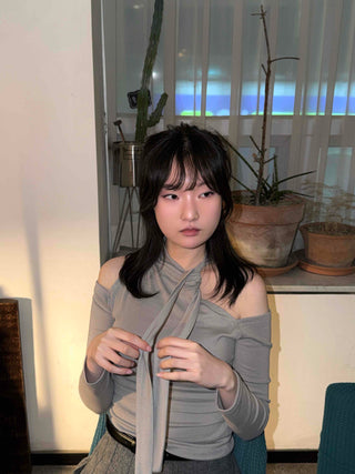 Chiffon Scarf Half-Neck Slit Long-Sleeve Top