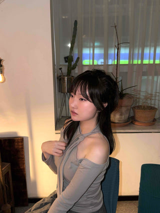 Chiffon Scarf Half-Neck Slit Long-Sleeve Top