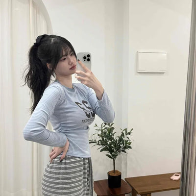 Casual Striped Slim Fit Color Block Long Sleeve T-shirt