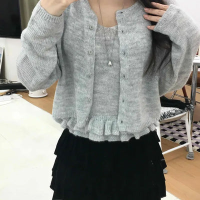 Frill Sleeveless Crop Knit Cardigan Set