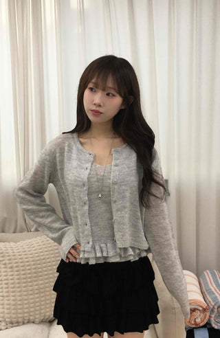 Frill Sleeveless Crop Knit Cardigan Set