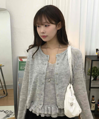 Frill Sleeveless Crop Knit Cardigan Set