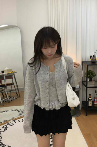 Frill Sleeveless Crop Knit Cardigan Set