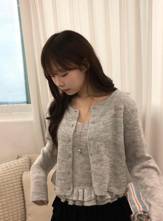 Frill Sleeveless Crop Knit Cardigan Set